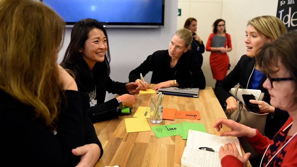 Lynn Loo (left), director of Princeton's Andlinger Center for Energy and the Environment, participates in an "Ideas Lab" discussion on climate change at the annual World Economic Forum in Davos.