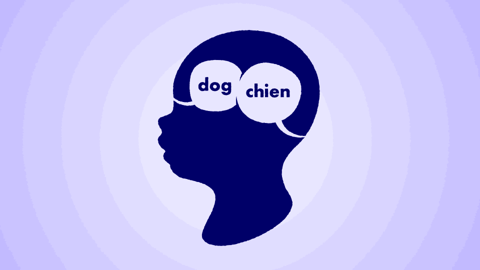 Silhouette of a child with two language bubbles