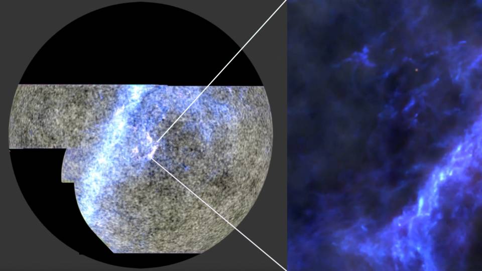 Mottled grey-and-white globe at left with a zoom-in on a bluish purple streak. Details in caption.