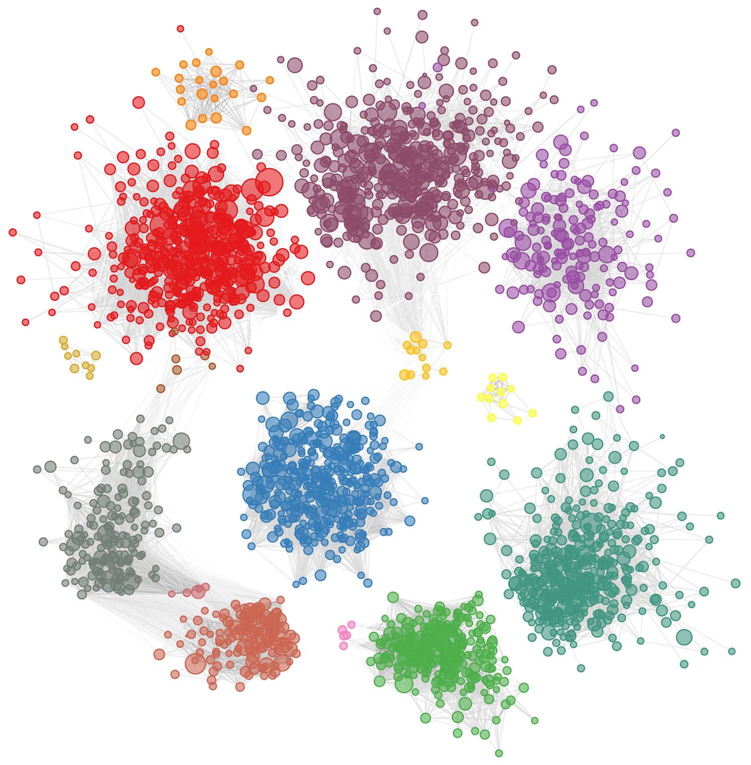Illustration of genes possibly associated with autism are clustered into distinct groups based on how they function and relate to each other in the brain